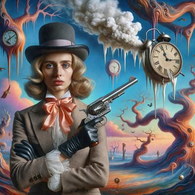 The primary subject of the image is a woman dressed in a suit and hat, holding a gun. She is standing in front of a clock, which is part of a larger painting or artwork. The setting appears to be a surreal or fantastical environment, with a combination of elements such as a clock, a gun, and a woman dressed in a suit. The visual style of the image is likely to be a painting or an illustration, as it features a detailed and intricate artwork. The colors and mood of the
